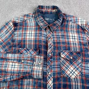 Gap Shirt Mens Large Blue Rust Plaid Western Pearl Snap 1969 Cowboy Work Rodeo